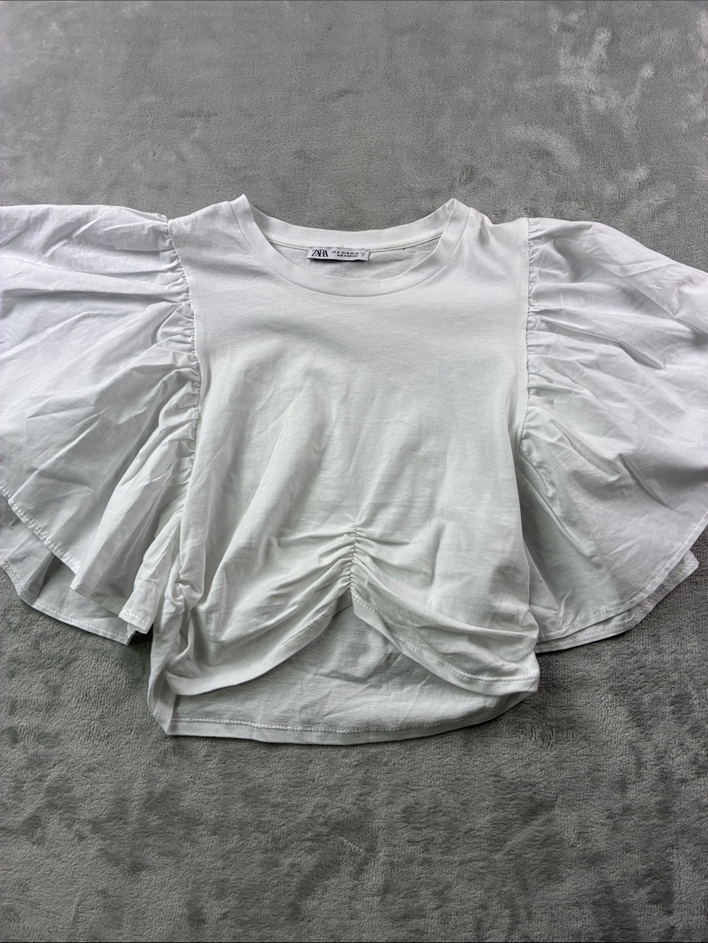 Zara Womens M White Oversized Flutter Sleeve Ruched Front Blouse Top